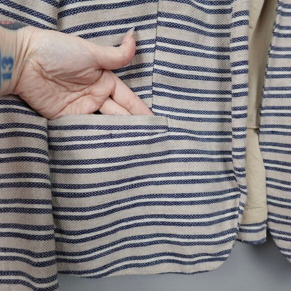 LOFT Linen Blend Striped Blazer Jacket Sz 12 Beige Navy Pleated Peplum Collarles - Picture 5 of 12